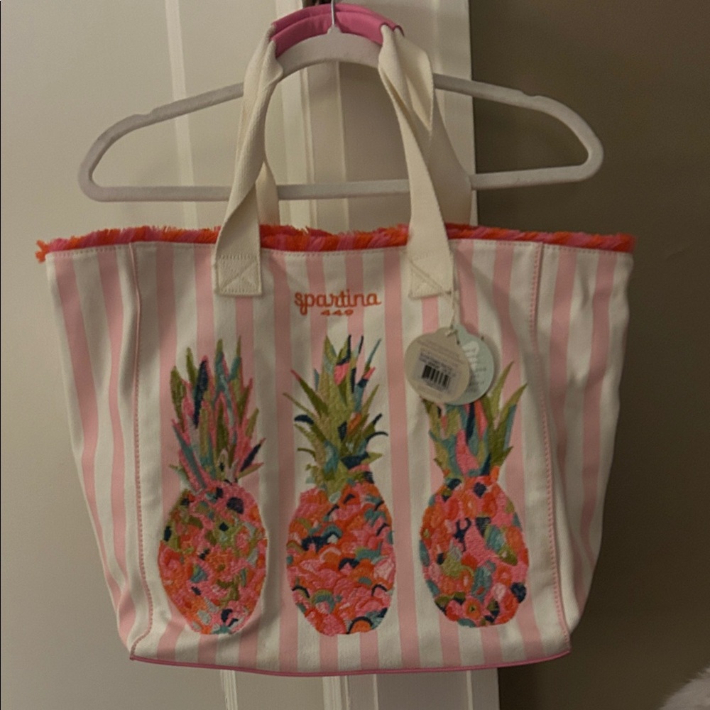 NWT Spartina 449 Pink & White Striped Moreland Pineapple Embroidered Beach Tote